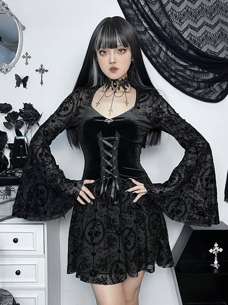 Velvet Sweetheart Bell Sleeve Lace Up Corset Fit and Flare Mini Dress