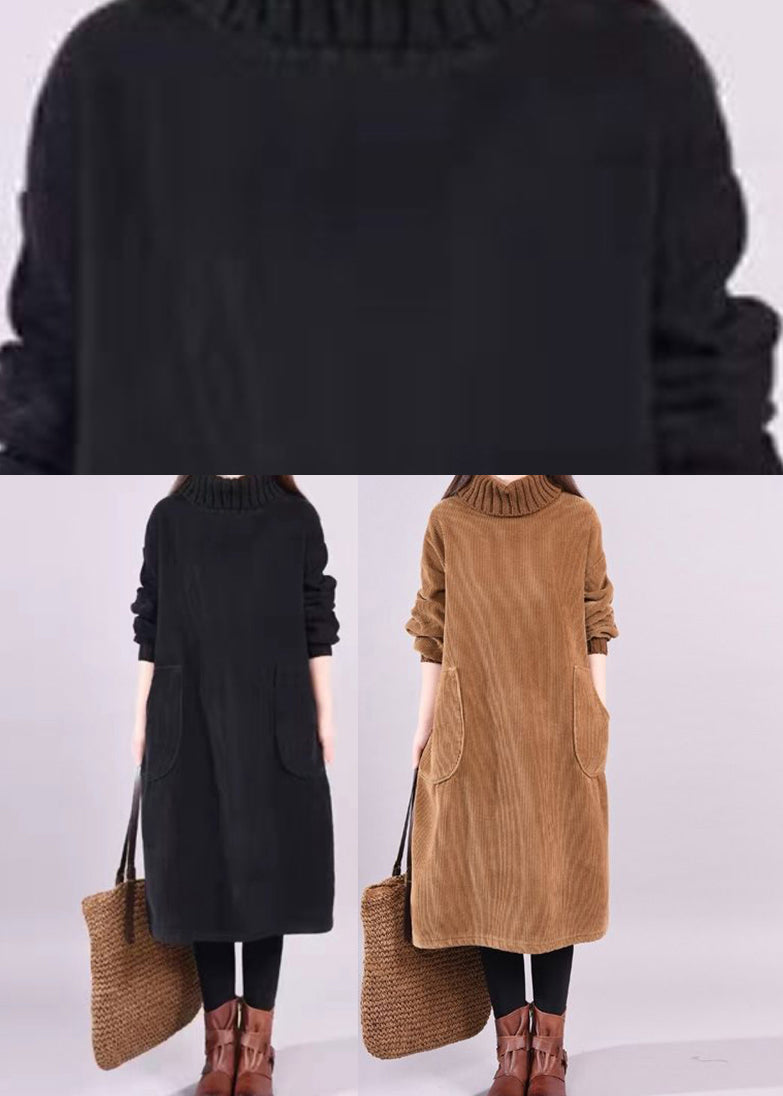Corduroy Turtleneck Long Sleeve Patch Pocket Loose Shift Midi Dress - View 5