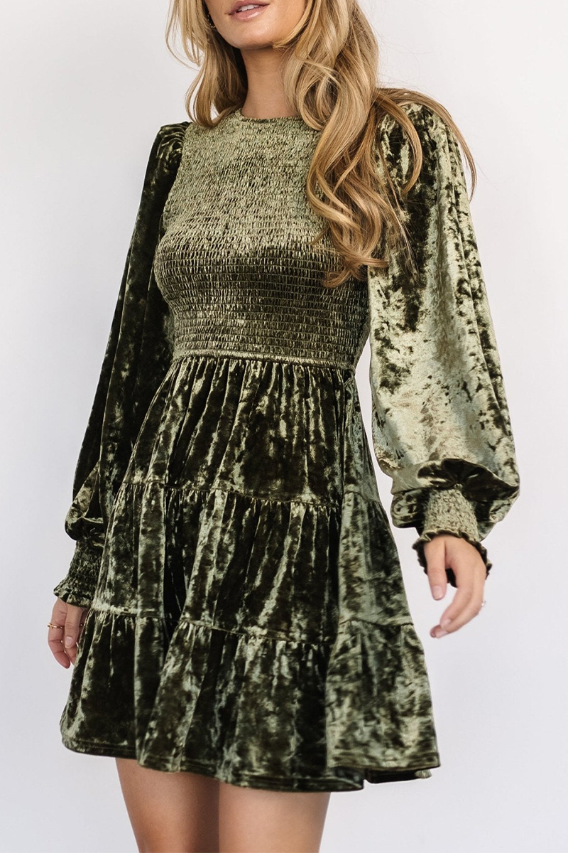 Crew Neck Long Sleeve Smocked Tiered Velvet Mini Dress 2