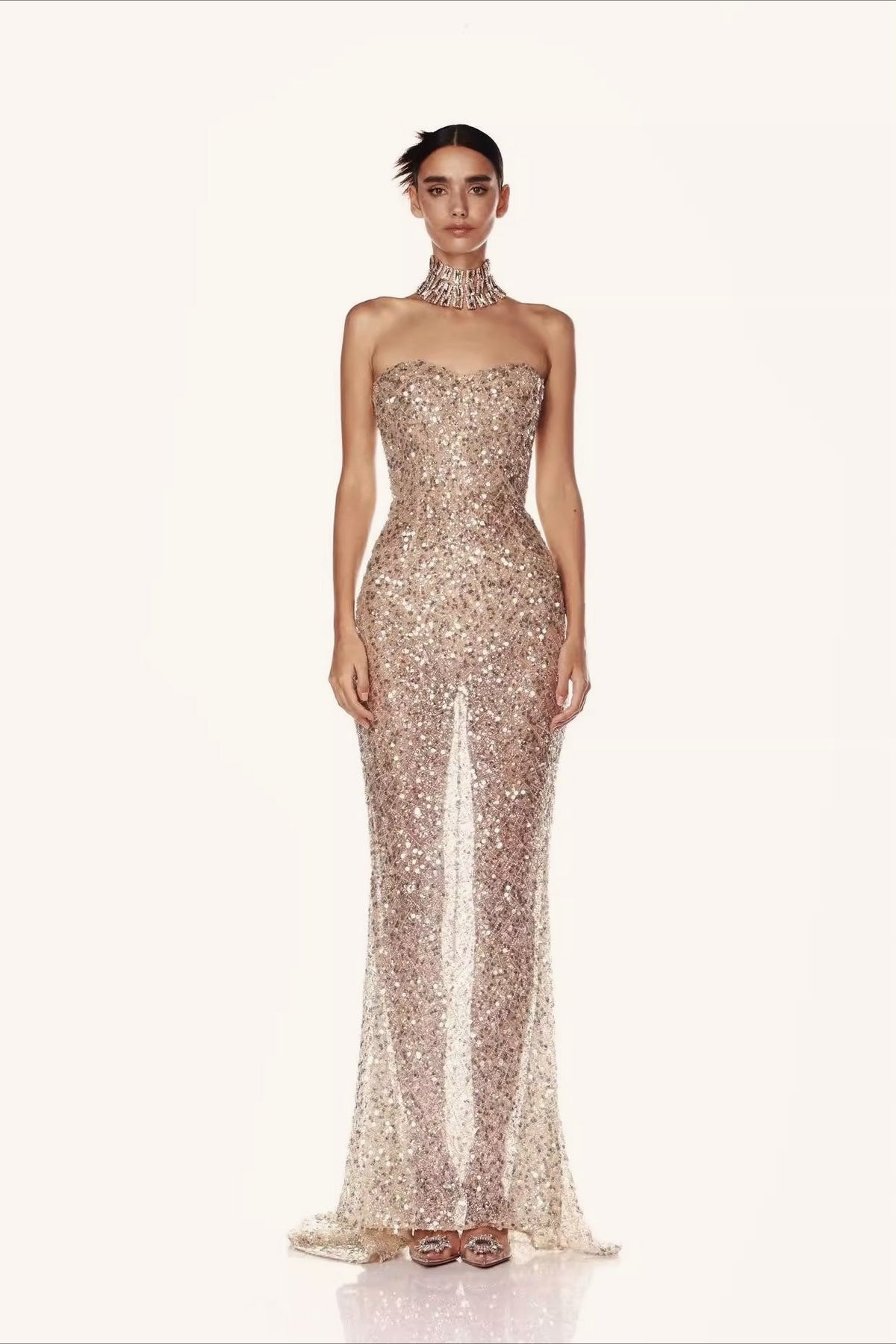 Strapless Sweetheart Sequin Front Slit Mermaid Maxi Gown