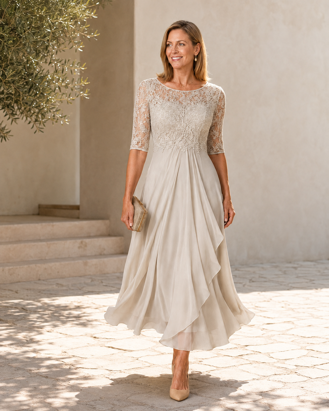 Lace Bodice Short Sleeve Draped Chiffon Tea Length Dress 5