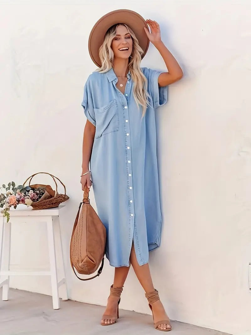 Denim Collar Button Front Short Sleeve Pocket Midi Shirt Dress - View 3