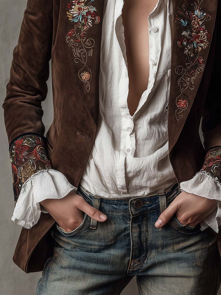 Floral Embroidered Ruffle Cuff Suede Blazer 5