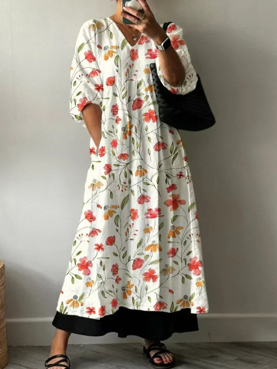 Ditsy Floral V-Neck Puff Sleeve Contrast Hem Maxi Dress