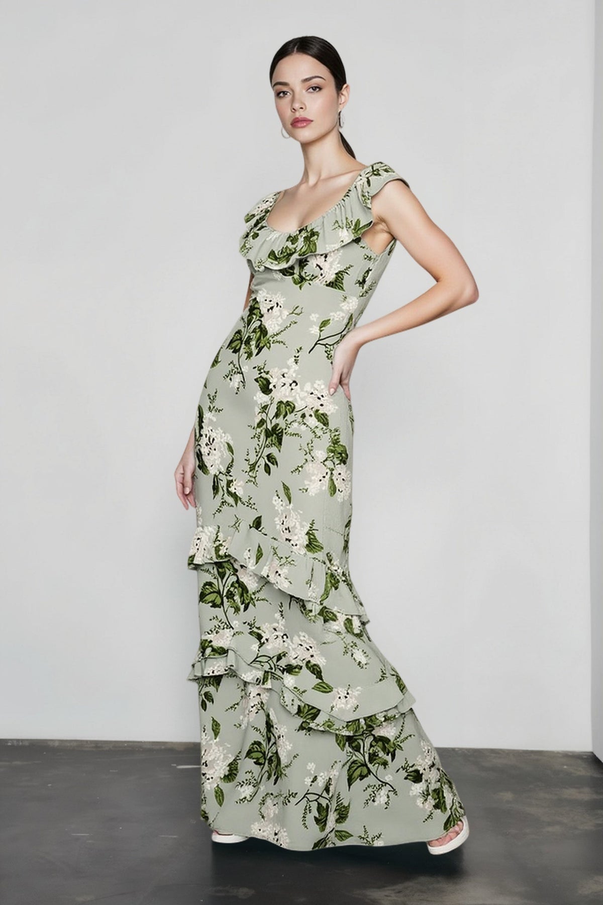 Floral Ruffle Strap Scoop Neck Tiered Maxi Dress 7