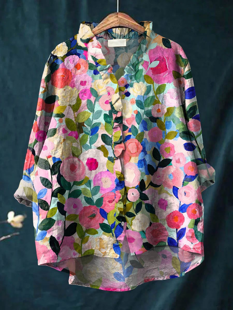 Floral Print V-Neck Roll Sleeve Button Front Tunic Blouse 2