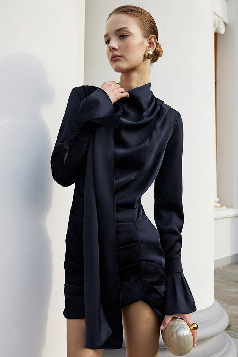 Tie Neck Long Sleeve Ruched Satin Mini Dress