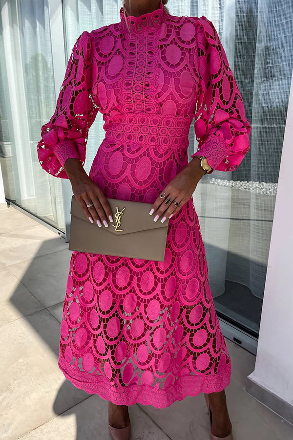 Lace Mock Neck Puff Sleeve Bishop Cuff Waistband A-Line Midi Dress