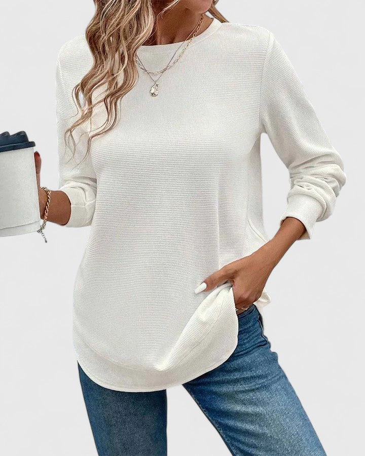 Crew Neck Long Sleeve Waffle Knit Curved Hem Top 8
