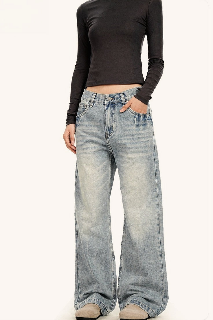Light Wash Straight Leg Cat Whisker Jeans