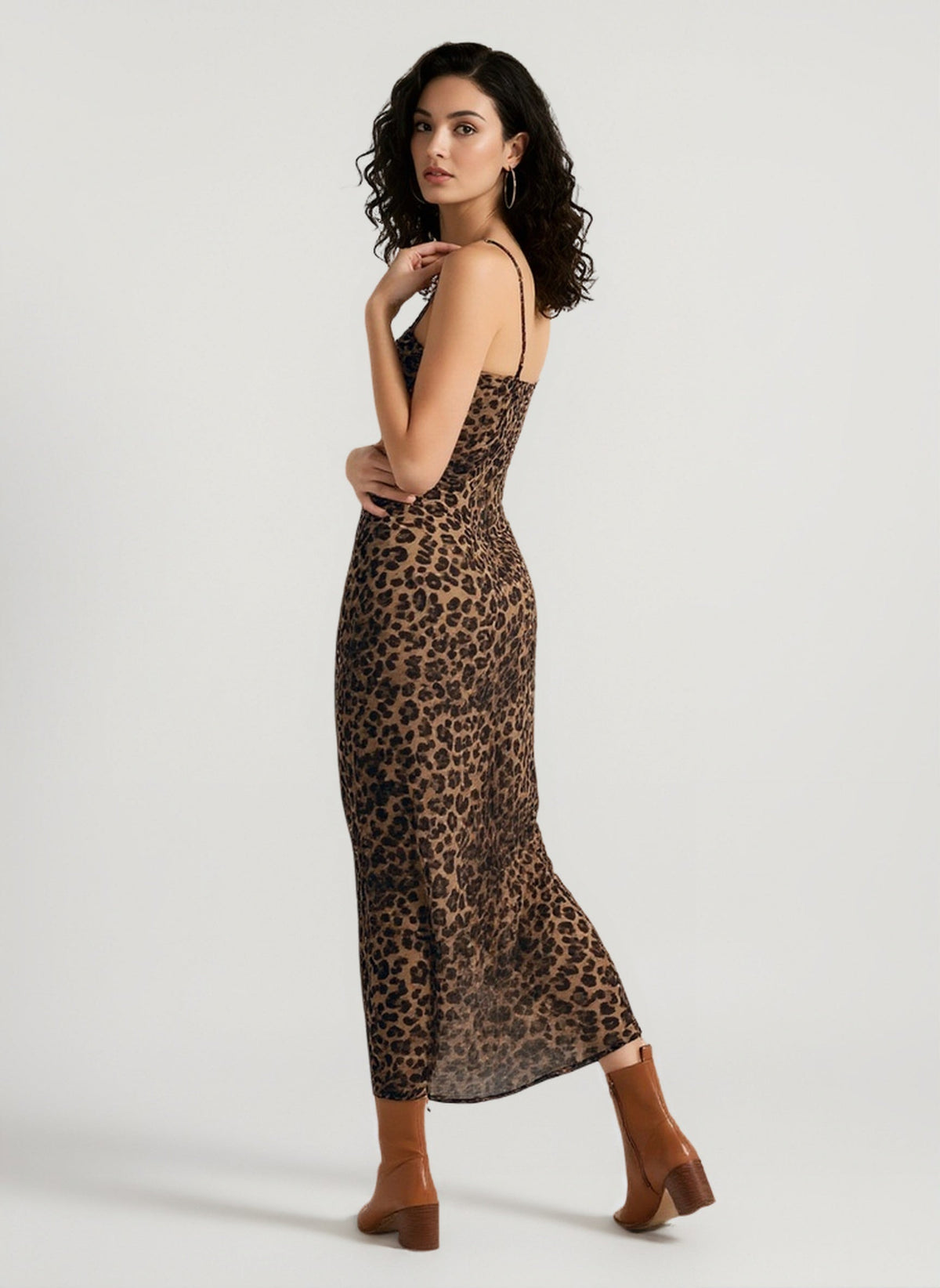 Cowl Neck Spaghetti Strap Leopard Print Slip Midi Dress 5