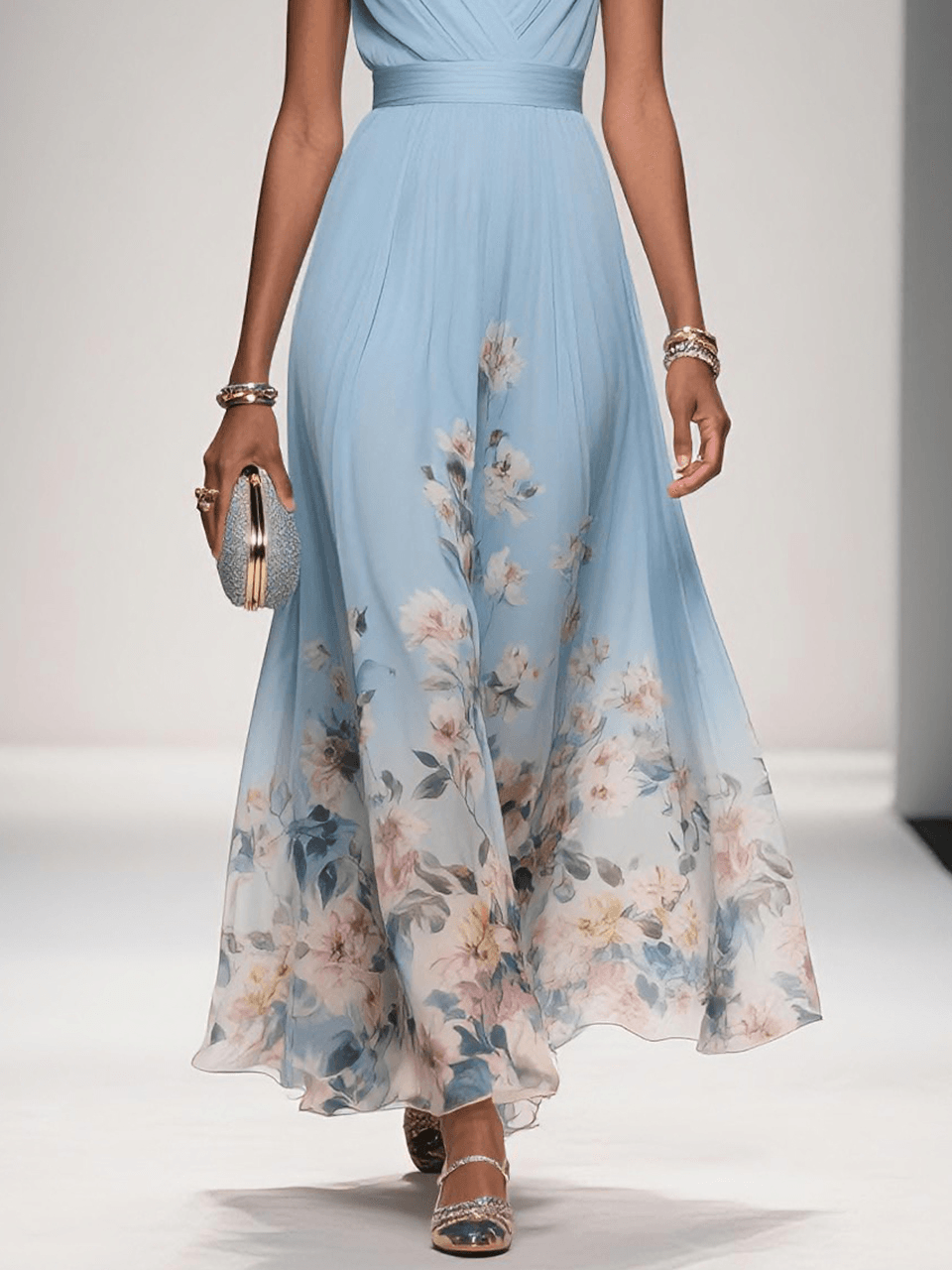 Floral Chiffon Deep V-Neck Sleeveless Pleated Maxi Dress 10
