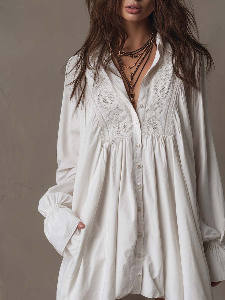 Lace Trim Long Sleeve High Low Shirt Dress 7