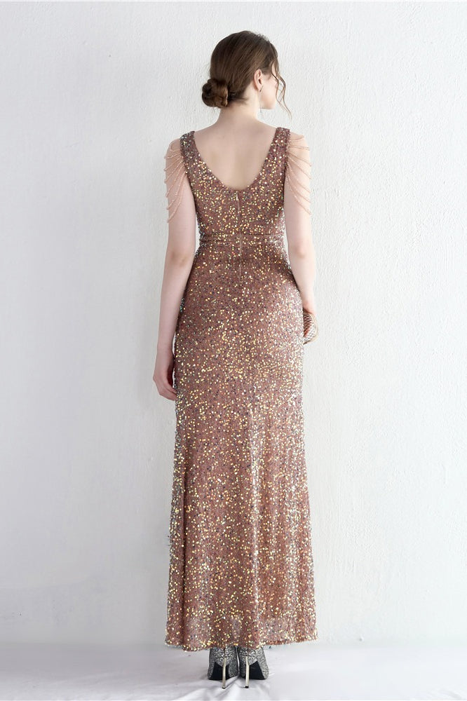 Sequin V-Neck Beaded Fringe High Split Mermaid Gown - View 12