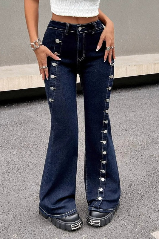 Button Front High Stretch Flare Floor Length Jeans