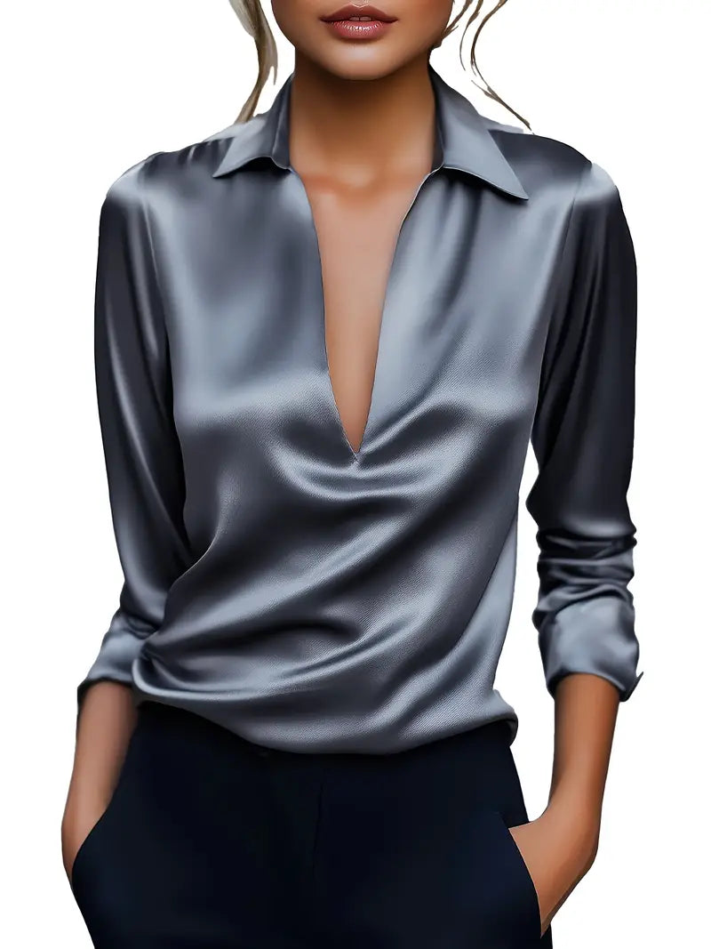 Collared Deep V-Neck Long Sleeve Satin Blouse 36