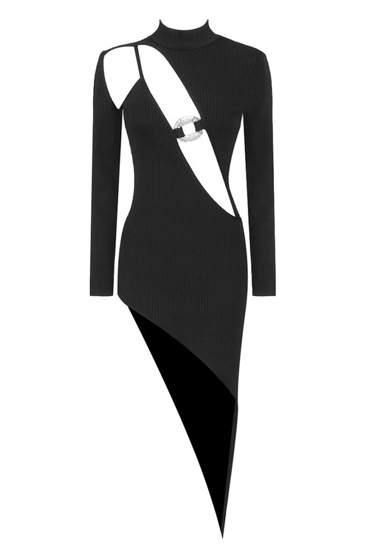 Cut Out O Ring High Neck Long Sleeve Asymmetric Bodycon Dress - View 5