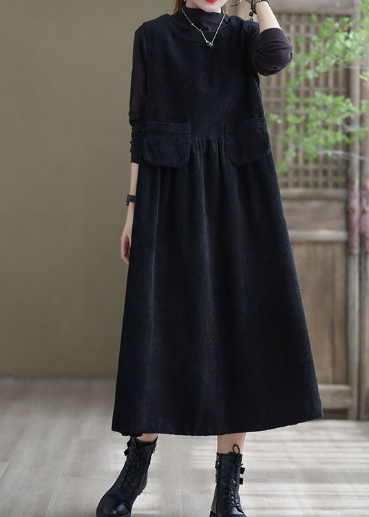 Corduroy Sleeveless Round Neck Flap Pocket A-Line Midi Dress - View 3