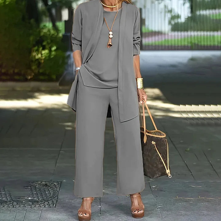 Round Neck Top Open Front Duster and Wide Leg Pants Three Piece Set 3