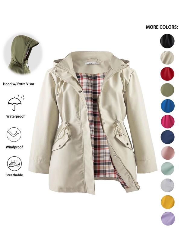 Hooded Zip Front Drawstring Waist Rain Jacket 8