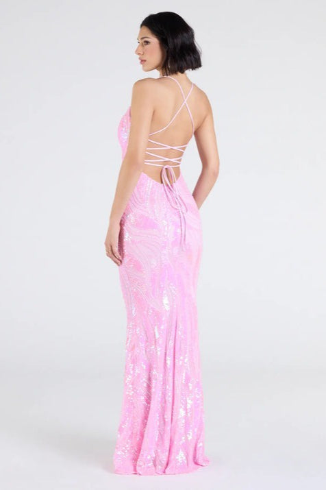 Sequin V-Neck Lace Up Back Mermaid Gown - View 6