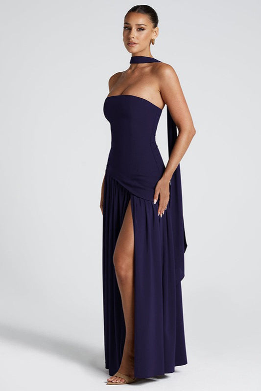 Strapless Choker Neck Asymmetric Flowy A-Line Maxi Prom Dress - View 6