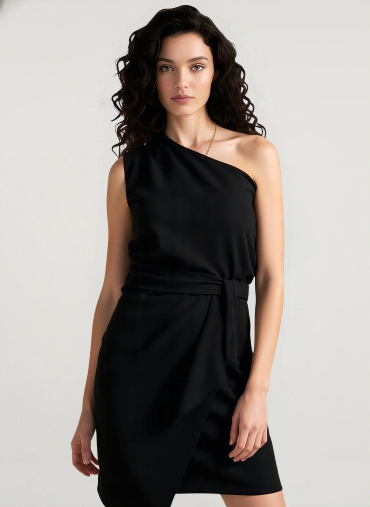 Satin One Shoulder Tie Waist Ruched Wrap Mini Dress - View 5