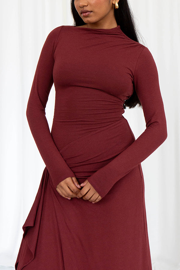 Venus Long Sleeve Ruched Side Slit Drape Ruffles Back Maxi Dress - View 10