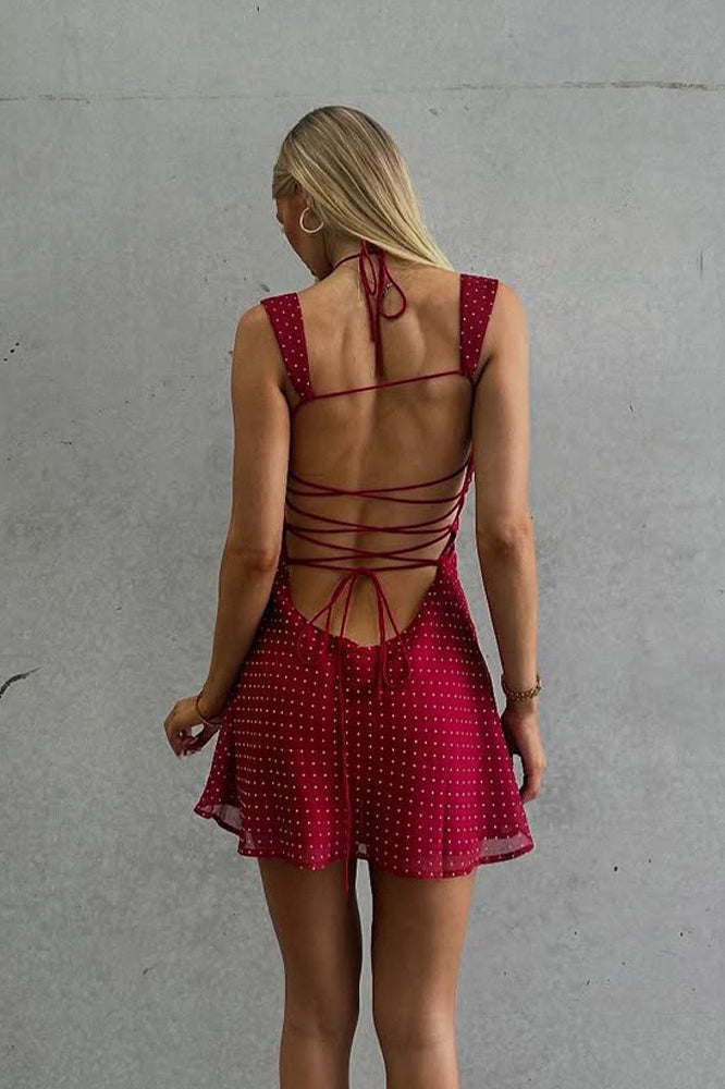 Chiffon Cami Backless Bodycon Mini Dress in Red - View 3