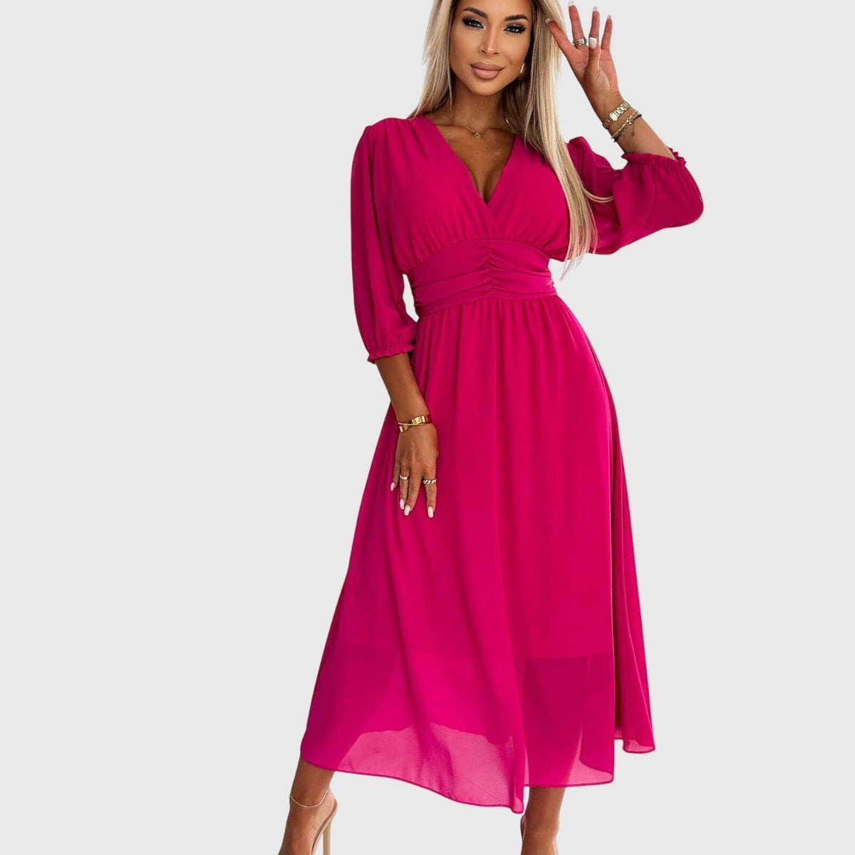 V-Neck Balloon Sleeve Ruched Waist Chiffon Midi Dress 6