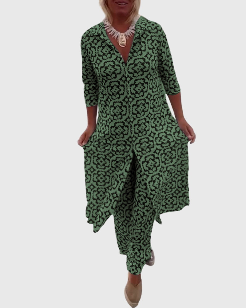 Medallion Print Collared Half Sleeve Tunic and Wide Leg Pants Two Piece Set 6