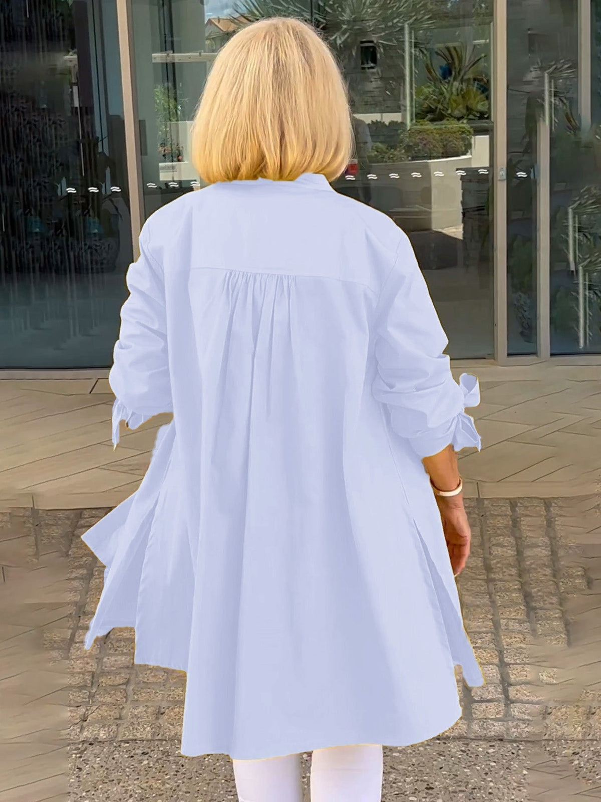 Band Collar Roll Sleeve Button Longline Shirt Jacket 15