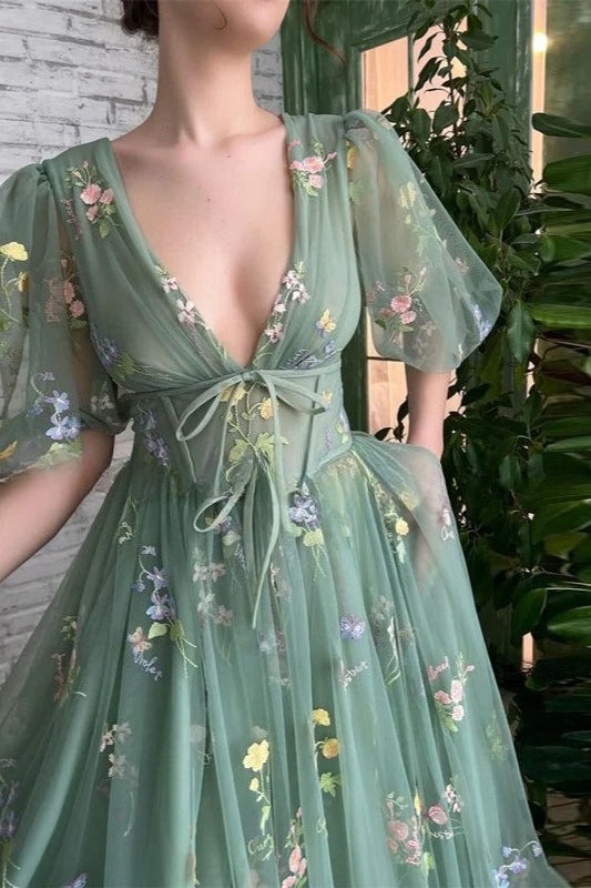 Floral Deep V-Neck Puff Sleeve Lace Up Tulle A-Line Maxi Dress - View 3