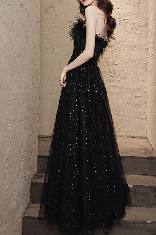 Strapless Feather Trim Glitter Tulle A-Line Prom Gown - View 3