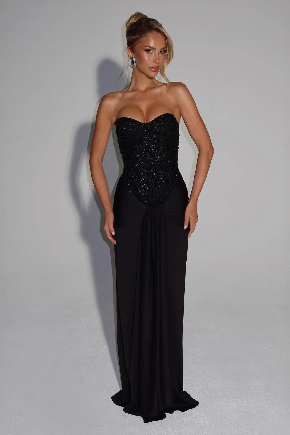 Strapless Sweetheart Sequin Corset Draped Maxi Gown 3