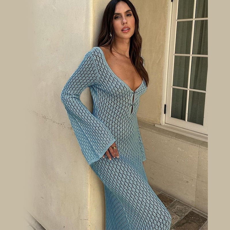 Crochet Deep V-Neck Bell Sleeve Fitted Maxi Dress - View 10