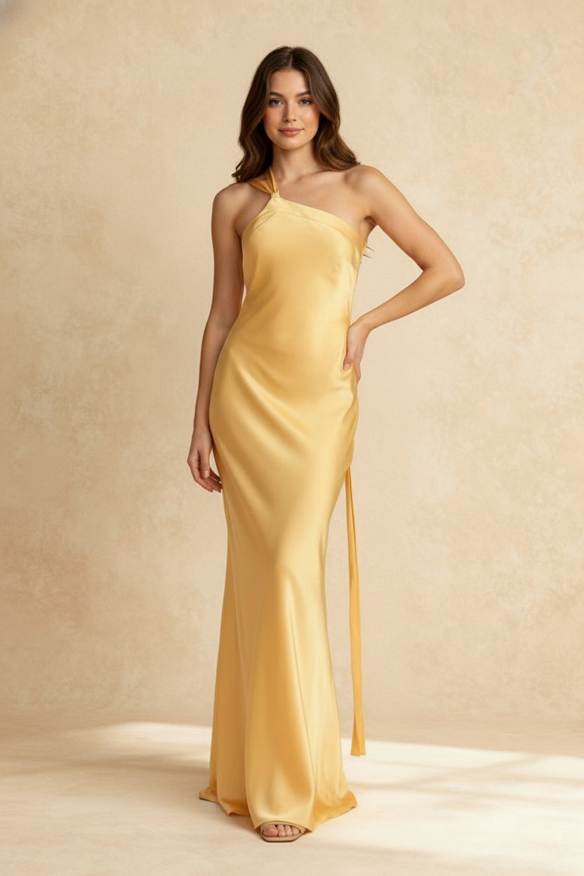 Satin One Shoulder Twisted Strap Draped Sash Bodycon Maxi Gown
