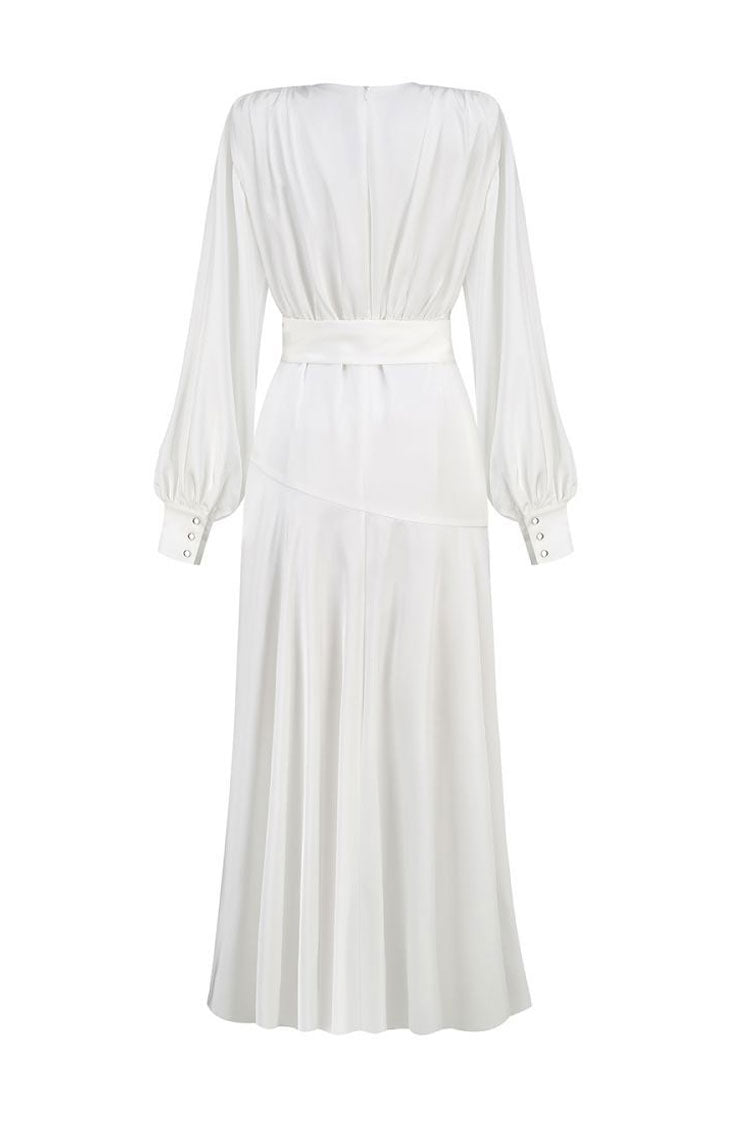 Elegant Deep V Bishop Sleeve High Split Evening Maxi Dress - White - View 4
