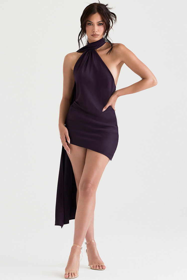 Satin Halter Neck Draped Backless Bodycon Mini Dress