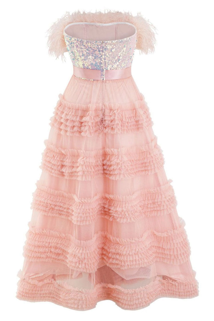 Sequin Feather Trim Strapless Tiered Ruffle Tulle Maxi Dress - View 4