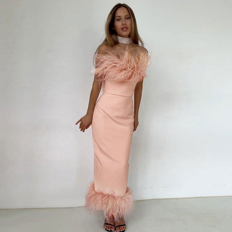 Feather Strapless Slit Bodycon Midi Dress