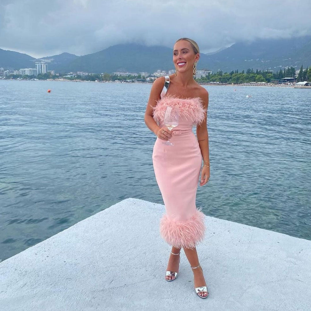 Feather Strapless Slit Bodycon Midi Dress - View 2