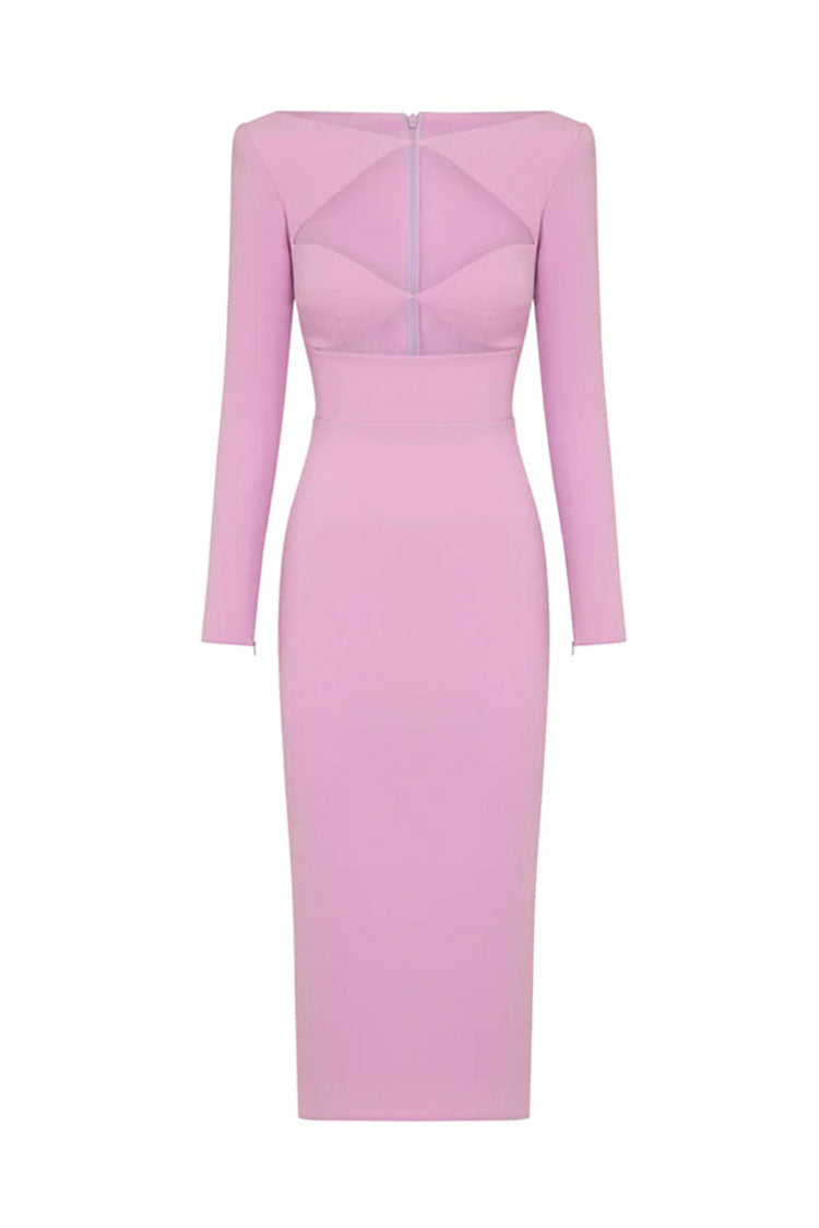 Elegant Long Sleeve Cutout Bandage Cocktail Midi Dress - Pink - View 2
