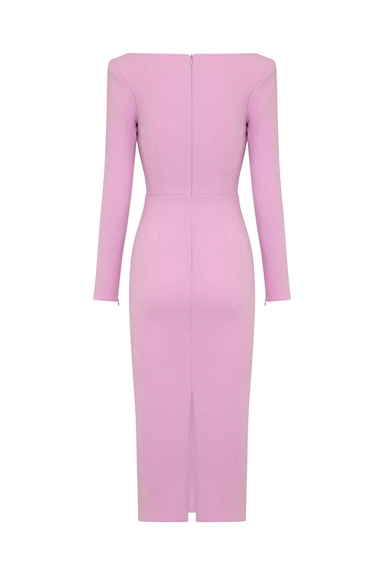 Elegant Long Sleeve Cutout Bandage Cocktail Midi Dress - Pink - View 3