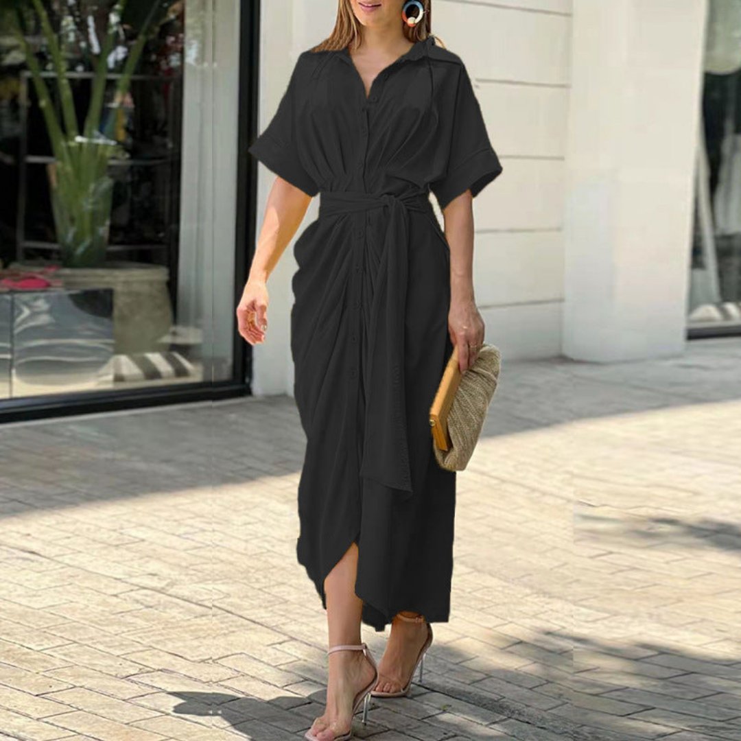 Tropical Print Collared Belted High Split Shirt Maxi Dress - View 4