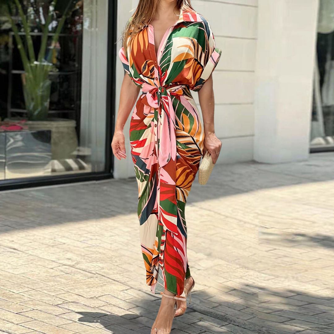 Tropical Print Collared Belted High Split Shirt Maxi Dress