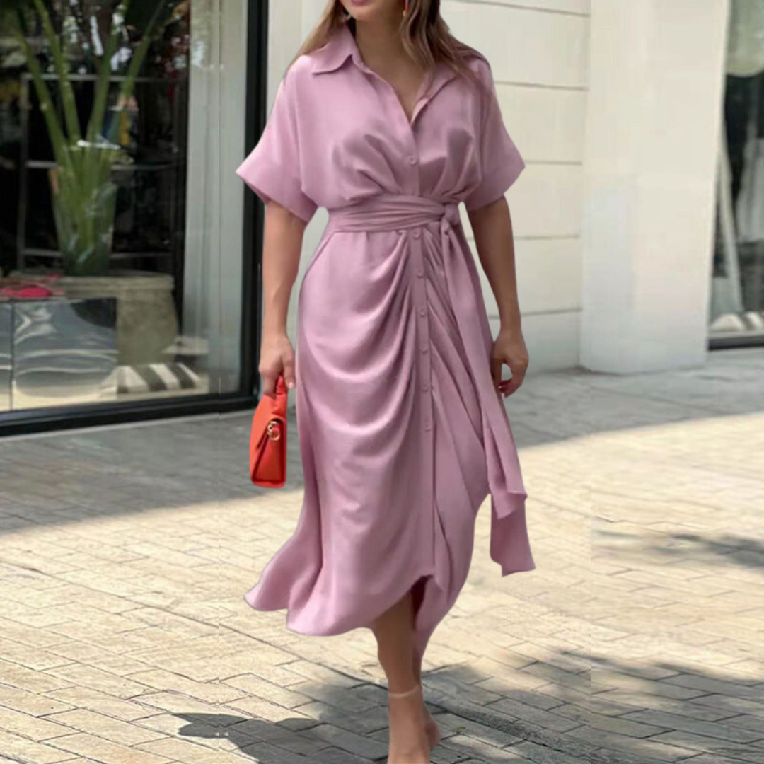 Tropical Print Collared Belted High Split Shirt Maxi Dress - View 6