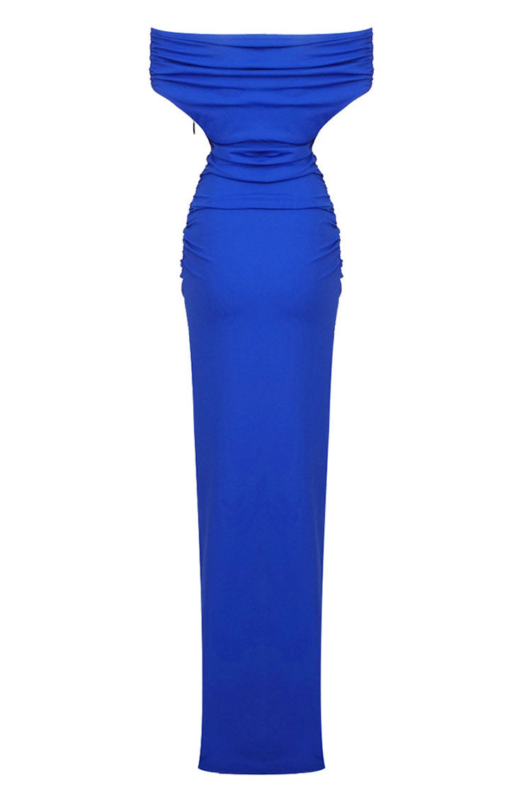 Off Shoulder Ruched Size Zip Evening Maxi Dress - Royal Blue - View 7