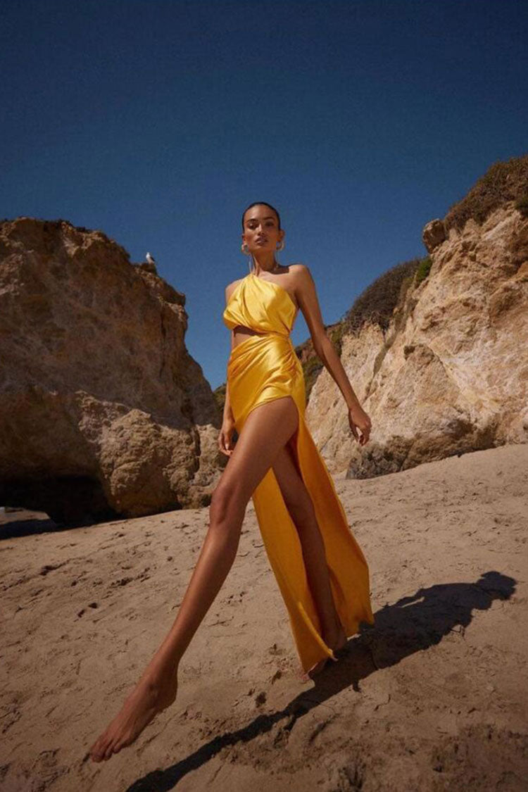 One Shoulder Cutout High Split Silky Evening Maxi Dress - Yellow - View 2