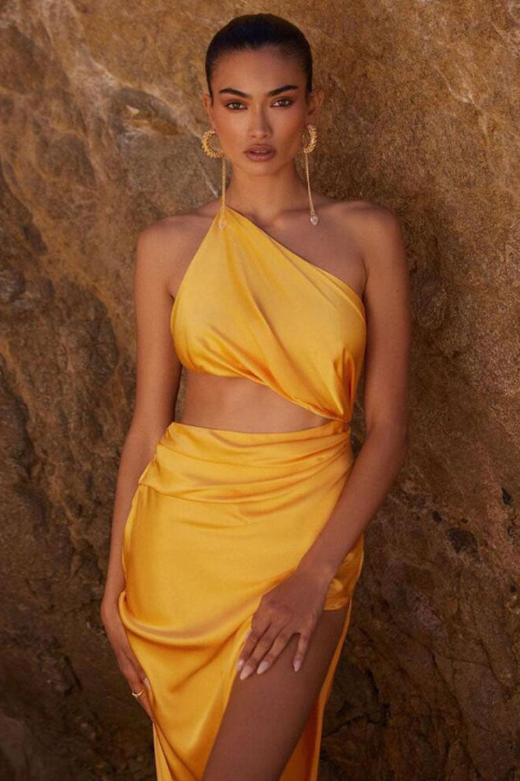 One Shoulder Cutout High Split Silky Evening Maxi Dress - Yellow - View 3